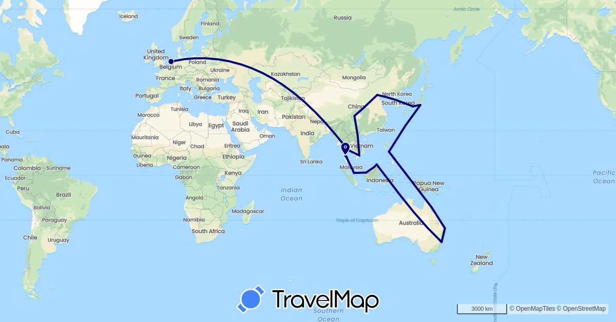 TravelMap itinerary: driving in Australia, Brunei, China, Japan, Malaysia, Netherlands, Philippines, Singapore, Thailand, Vietnam (Asia, Europe, Oceania)