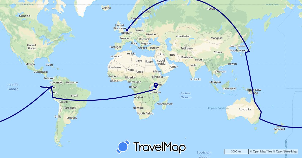 TravelMap itinerary: driving in Australia, Ecuador, Japan, Netherlands, Peru, Tanzania (Africa, Asia, Europe, Oceania, South America)