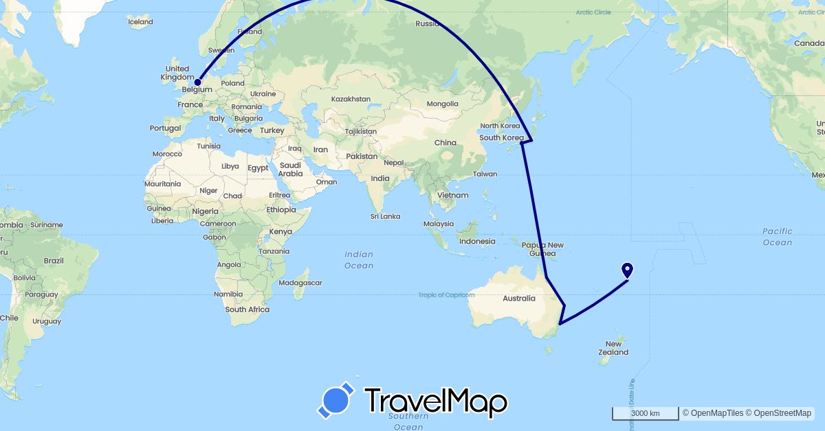TravelMap itinerary: driving in Australia, Fiji, Japan, Netherlands (Asia, Europe, Oceania)