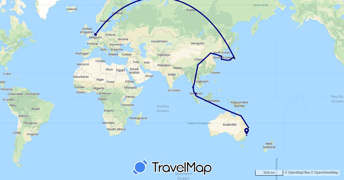 TravelMap itinerary: driving in Australia, China, Japan, South Korea, Malaysia, Netherlands, Singapore, Thailand (Asia, Europe, Oceania)