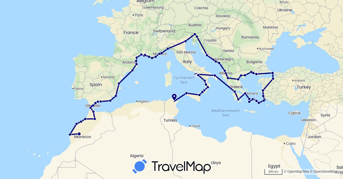 TravelMap itinerary: driving in Albania, Spain, France, Gibraltar, Greece, Croatia, Italy, Morocco, Monaco, Montenegro, Slovenia, Tunisia, Turkey (Africa, Asia, Europe)