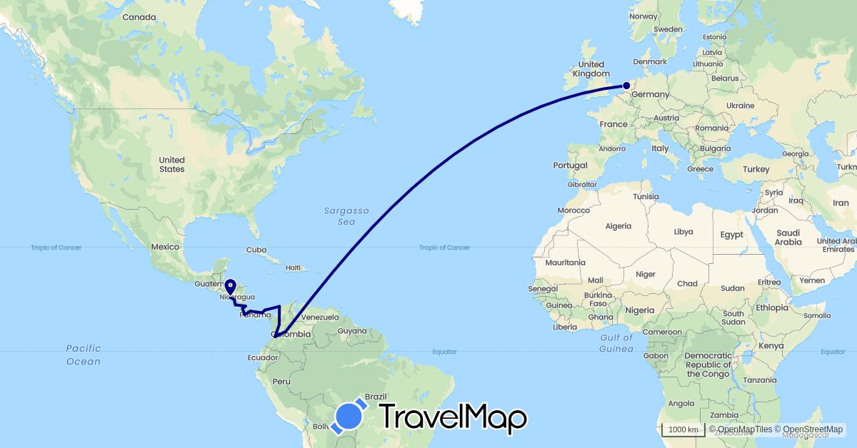 TravelMap itinerary: driving in Colombia, Costa Rica, Nicaragua, Netherlands, Panama (Europe, North America, South America)