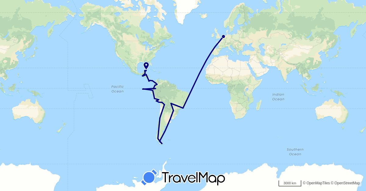 TravelMap itinerary: driving in Argentina, Bolivia, Brazil, Belize, Chile, Colombia, Costa Rica, Ecuador, Guatemala, Honduras, Mexico, Nicaragua, Netherlands, Panama, Peru (Europe, North America, South America)