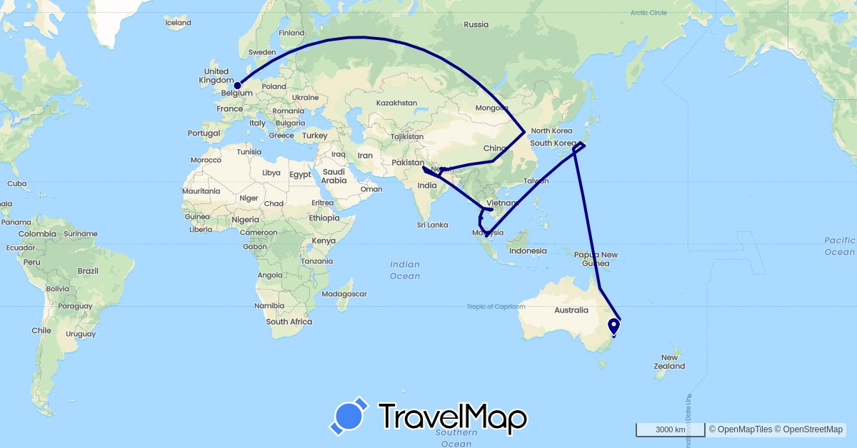 TravelMap itinerary: driving in Australia, China, India, Japan, Cambodia, Malaysia, Netherlands, Nepal, Thailand (Asia, Europe, Oceania)