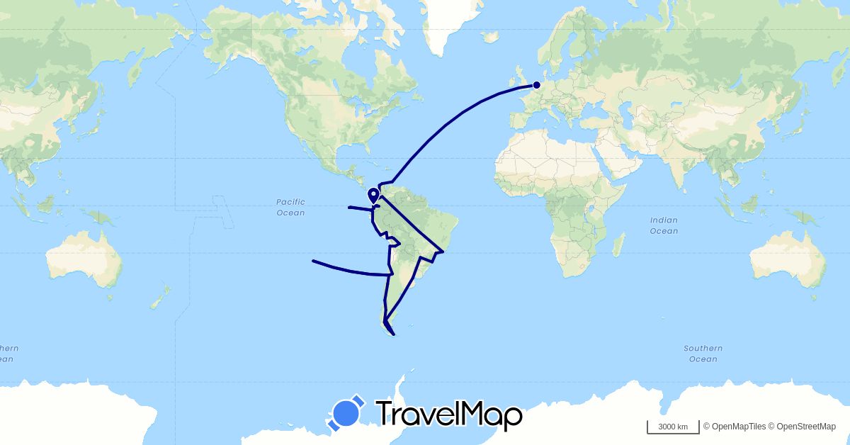 TravelMap itinerary: driving in Argentina, Bolivia, Brazil, Chile, Colombia, Ecuador, Netherlands, Peru (Europe, South America)