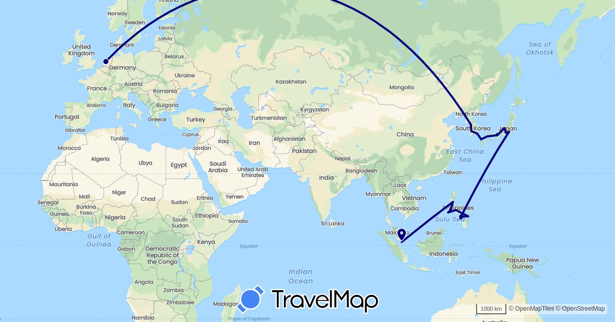 TravelMap itinerary: driving in Japan, South Korea, Netherlands, Philippines, Singapore (Asia, Europe)
