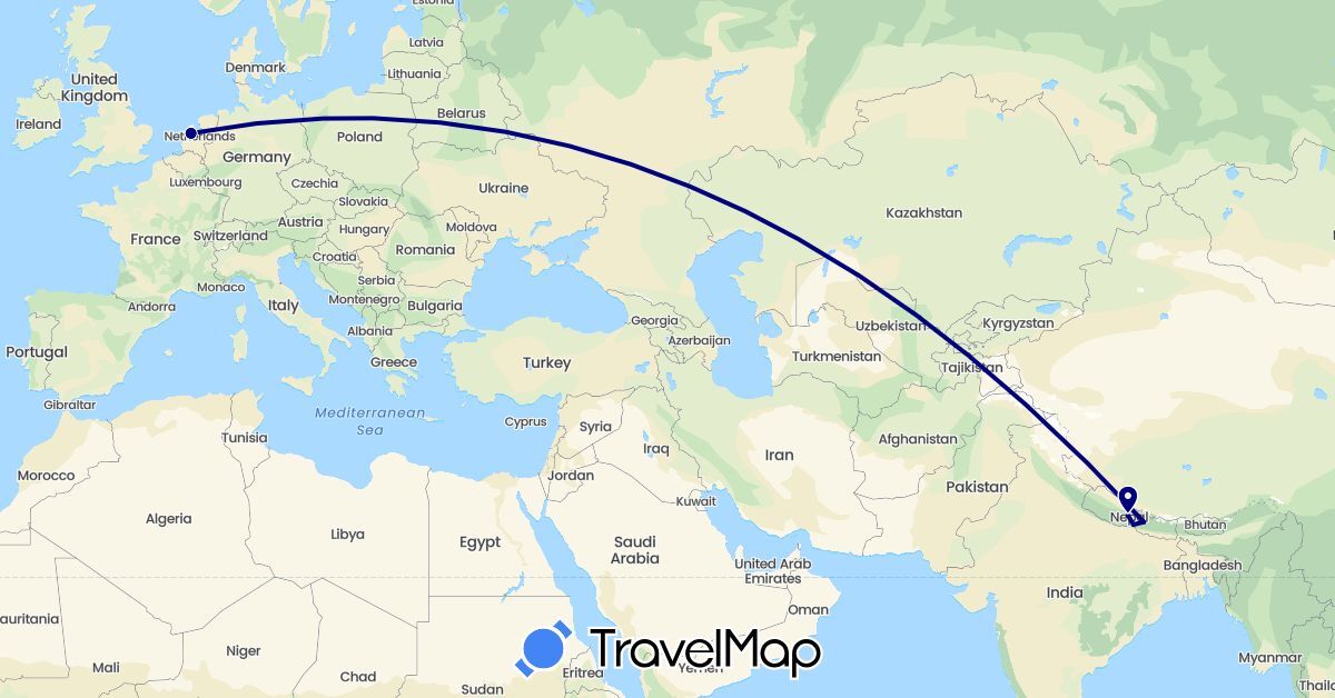TravelMap itinerary: driving in Netherlands, Nepal (Asia, Europe)