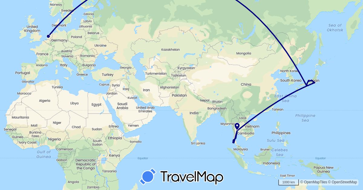 TravelMap itinerary: driving in Japan, Netherlands, Thailand (Asia, Europe)
