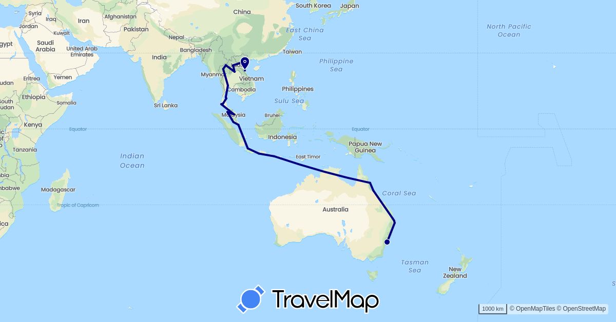 TravelMap itinerary: driving in Australia, Indonesia, Laos, Malaysia, Singapore, Thailand, Vietnam (Asia, Oceania)