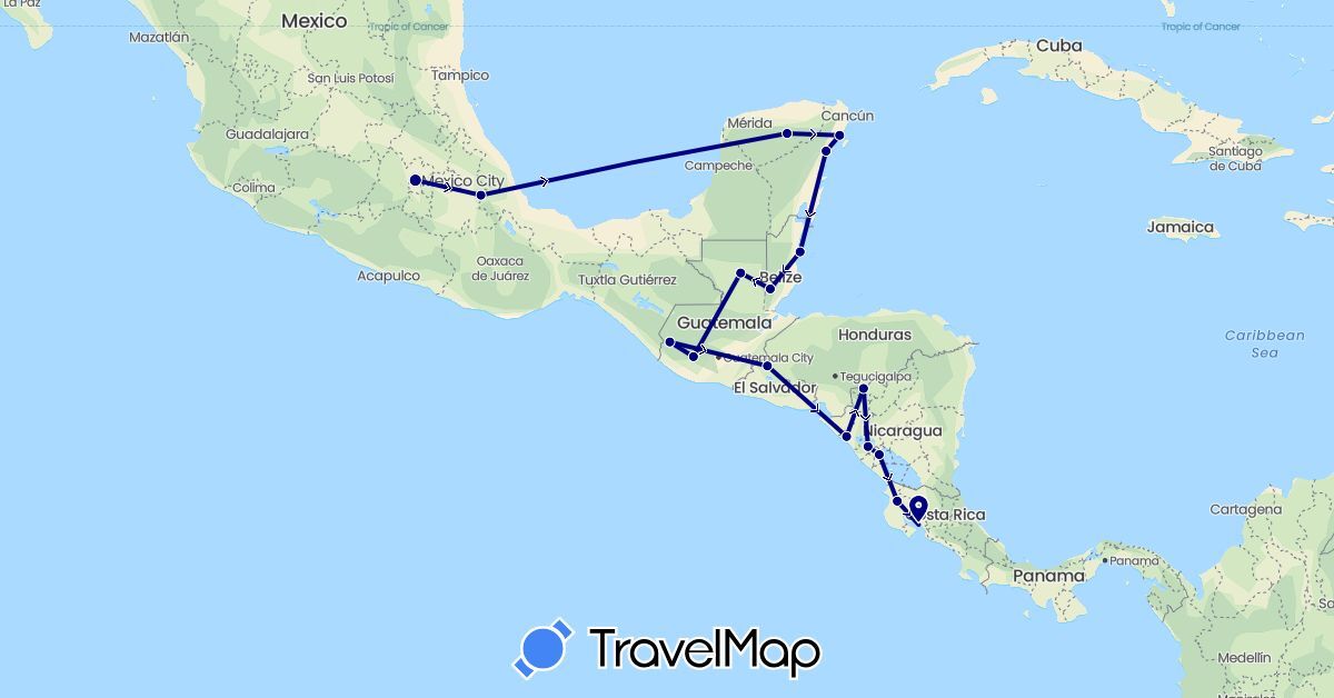TravelMap itinerary: driving in Belize, Costa Rica, Guatemala, Mexico, Nicaragua, El Salvador (North America)